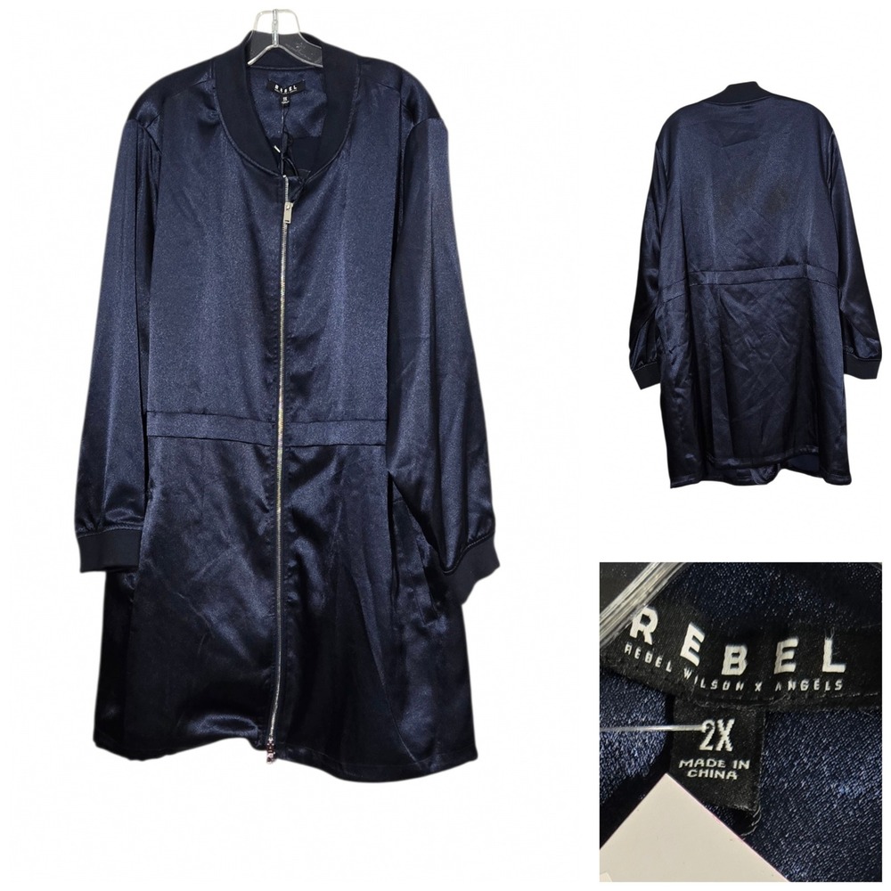 Rebel Wilson x Angels Bomber Jacket Navy Satin Long Parisian Night RFG00510P 2X